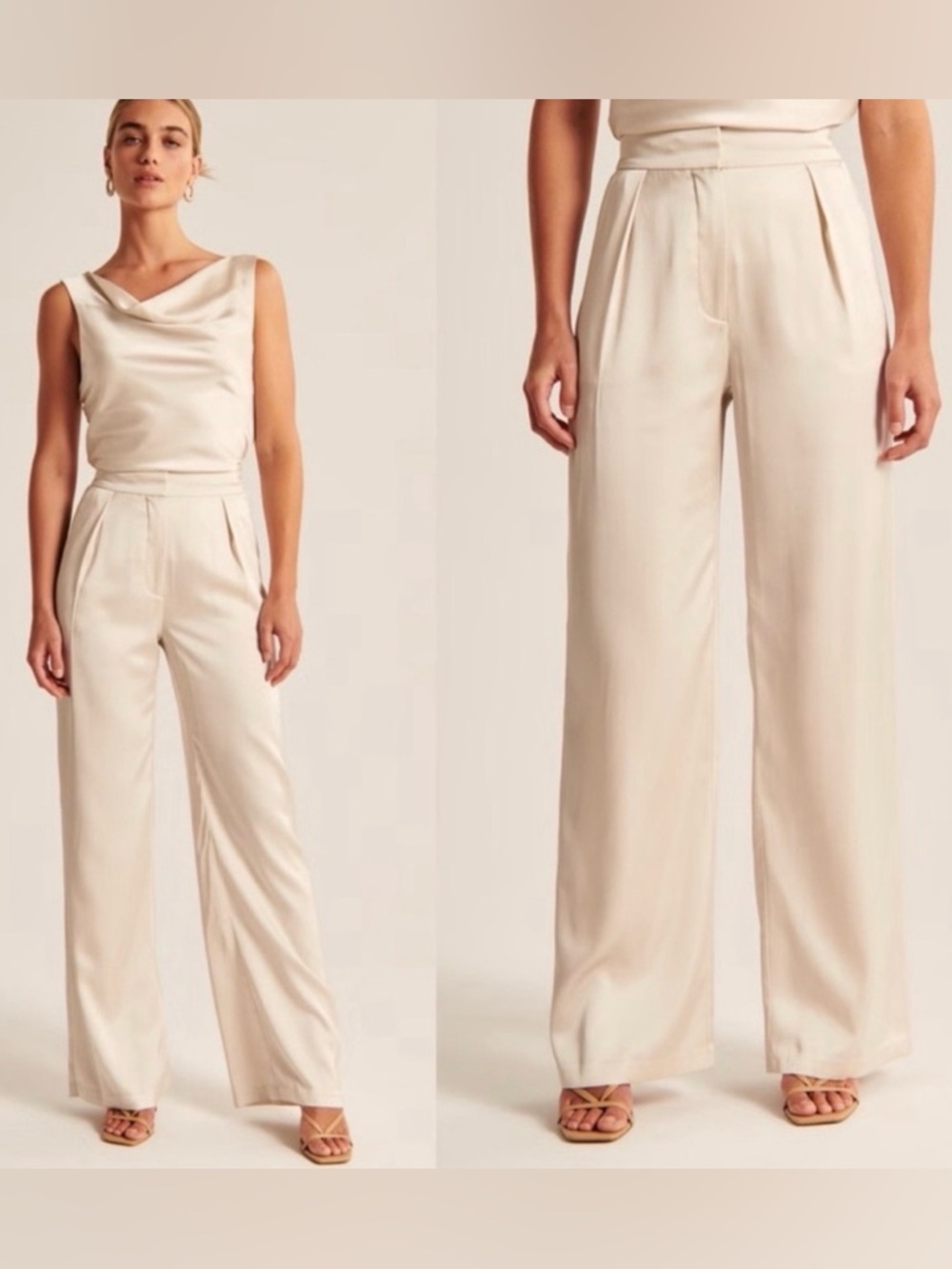 Abercrombie Satin Sloane Wide Leg Trousers in Light Taupe